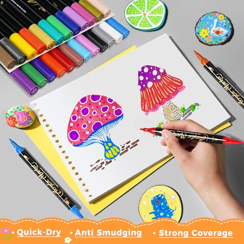 WINSONS Acrylmarker Dual-Tip 24 Farben, Pinselspitze Rundspitze, ungiftig, nicht blutend, wasserfest, lebendige Farben, permanent für Papier, Eier, Kappe, Stoffe, Steine, Keramik, Glas, Kunststoffe