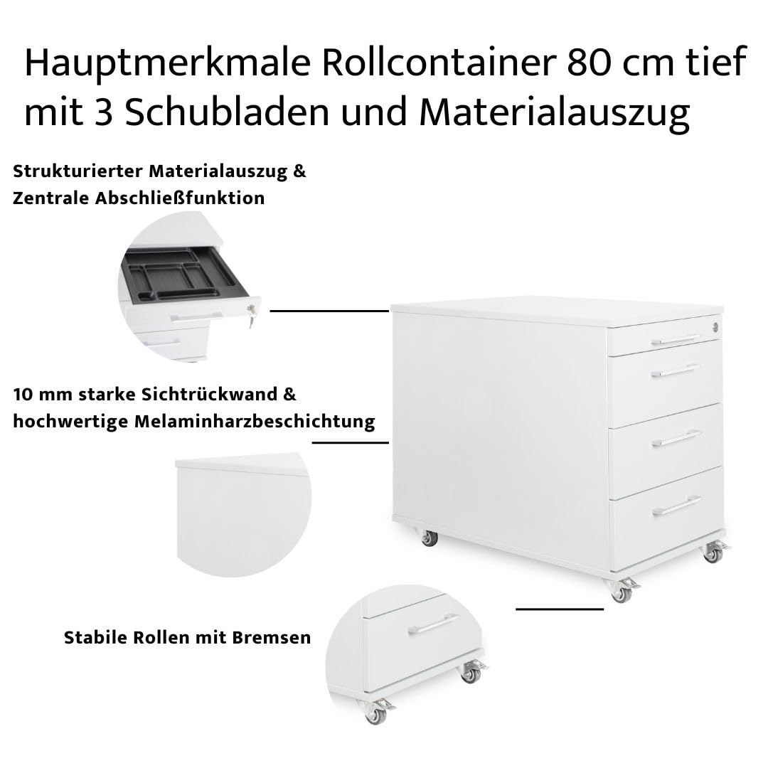 Büro Rollcontainer 80cm 3 Schubladen, 1 Materialauszug, abschließbar 65x43x80cm Weiß