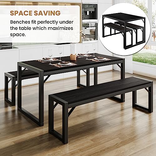 Image of SHA CERLIN Kitchen Dining Table Set for 4 with Benches, Rustic Small Space Saving Dinette, Heavy Duty Metal Frame