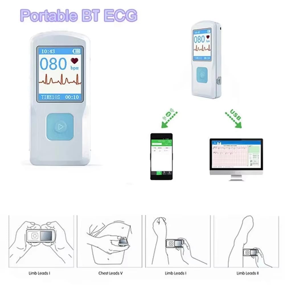 Moniteur ECG Bluetooth Portable, Électrocardiogramme Visible, Moniteur ECG Numérique Multifonction à Écran Couleur PM10.