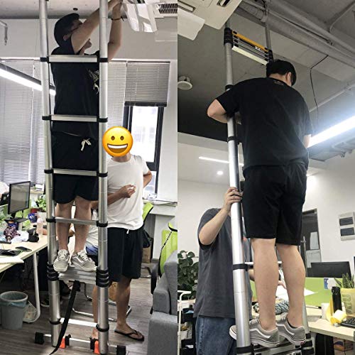 18.5 FT Aluminum Telescoping Ladder, Extension Ladder with Stabilizer Bar, Hook and Nonslip Plastic Block for Household Daily, Maximum Load 330 Pound