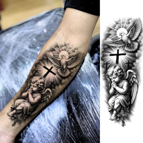 Image of Bilizar 17 Sheets Angel Jesus Temporary Tattoos For Men Women Adults Forearm Half Arm Sleeve Tattoo Sticker, Realistic Letters Fake Engraved Tattoos Family Dove Christian Faith Tatoos Body Art Durable