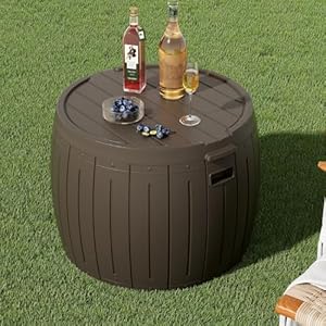 Zzm 33 gallon round deck box patio side table for cushion picnic bucket small bench seat all weather portable brown  urban country home decor