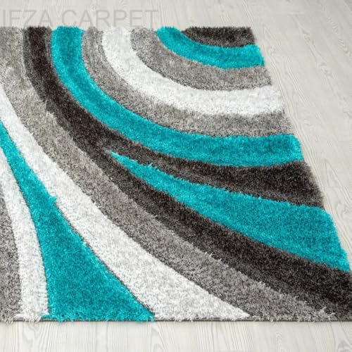 Image of Soft Shaggy Carpet 8x10 Feet - Ultra Plush, Non-Slip, High Pile 2 Inch Microfiber Rug for Bedroom, Living Room, Kids Room & Office - Modern Cozy Floor D�cor (Turquoise Silver C)