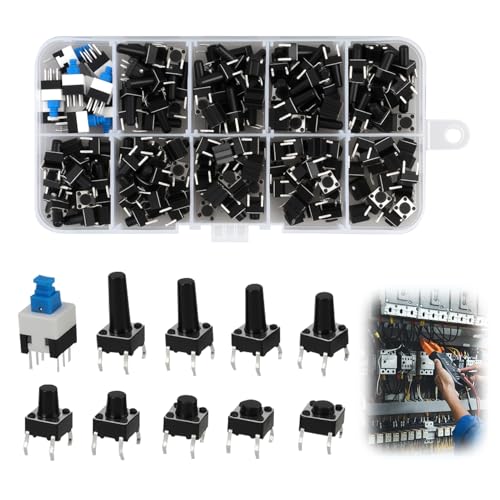 Kit de 180 Interruptores de Botón Momentáneo Táctil - Assortimento de 10 Tipos de Interruptores con 4 Pines y Estuche de Plástico, Dimensiones 6x6mm y 7x7mm, Ideal para Proyectos Electrónicos
