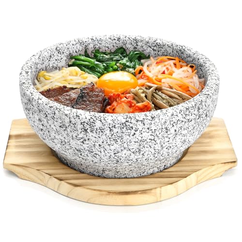 Acshio Dolsot Bibimbap Bowl, 27 Oz Korean Stone Bowls Cooking Pot with Wood Tray, Granite Stone Bowl...