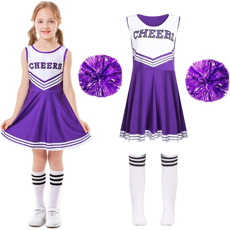 Amtum Cheerleader Outfit Kids Cheerleader Fancy Dress Uniform High SchoolWith Pom Poms Musical Uniform Outfit,Purple-110cm
