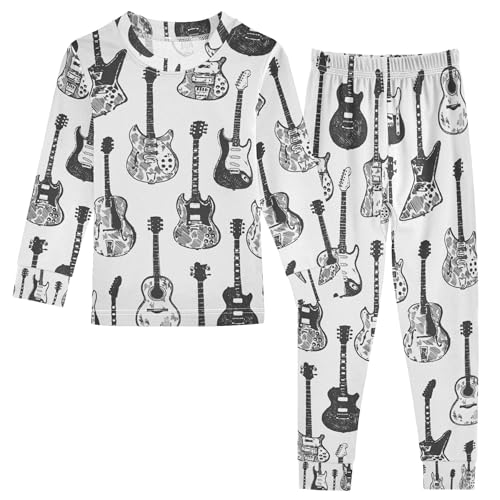 Music Guitar Black Pajama Sets Long Sleeve Top with Pants Cotton Soft Sleepwear 2 Piece Pjs Set, 8 Years Old