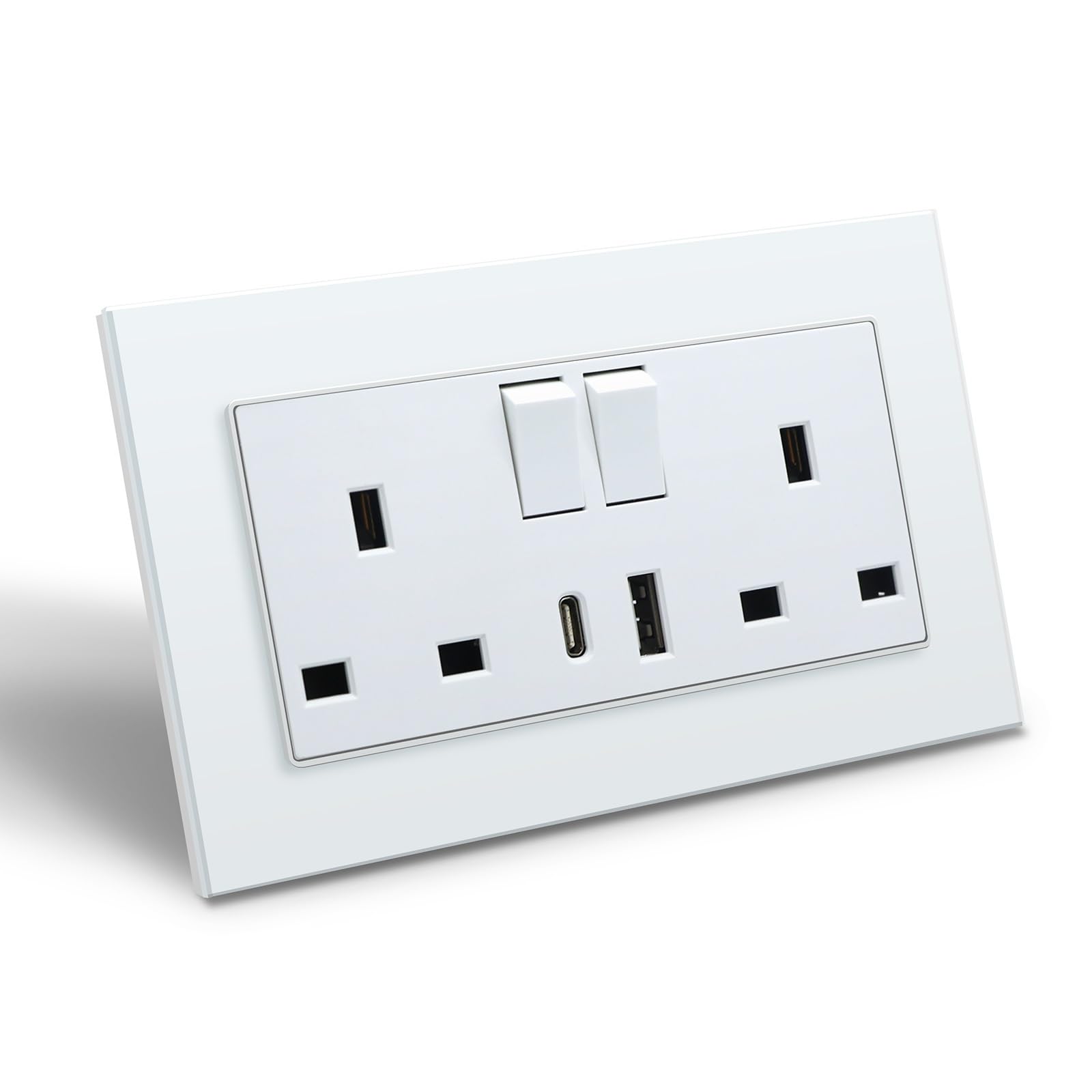Single Type-c USB UK Socket Double Wall Power Sockets with Dual USB AC Ports On Off Switch Button Glass Panel 13A(Type-c Sockets W)