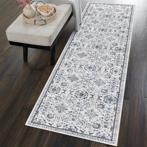 vivorug Runner Rug 2x10 Machine Washable Rug with Non-Slip Backing, Ideal for Kitchen Hallway Entryway Laundry Room - Vintage, Durable, Easy Clean, Low Pile Carpet Runner, Ivory/Blue