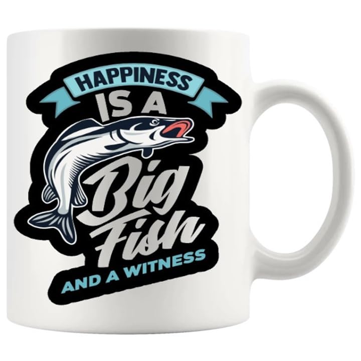 Happiness Is A Big Fish And A Witness Mug Funny Novelty Fishing Angling Gifts