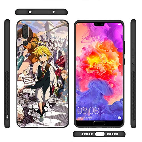 YINZONGSTORE Huawei p Smart 2019 Funda, Cubierta Trasera de Vidrio Templado, Silicona Suave, Compatible con Huawei p Smart 2019 AMA-53 Nanatsu no Taizai Siete Pecado Mortal