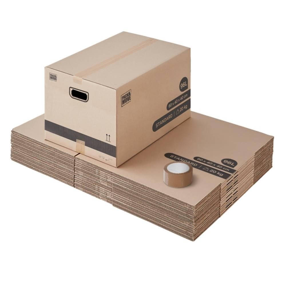 Pack and Move - Lot 20 cartons déménagement L larges - 40 x 60 x 40 cm - Poignées renforcées - 1 adhésif offert