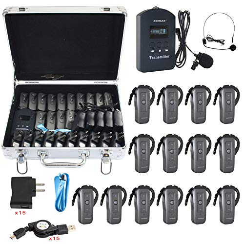 Sistema Inalámbrico de Guía Turística EXMAX EXD-6688 2,4 GHz con Transmisor y 14 Receptores de Oreja, Estuche de Aluminio Plateado miniatura 1