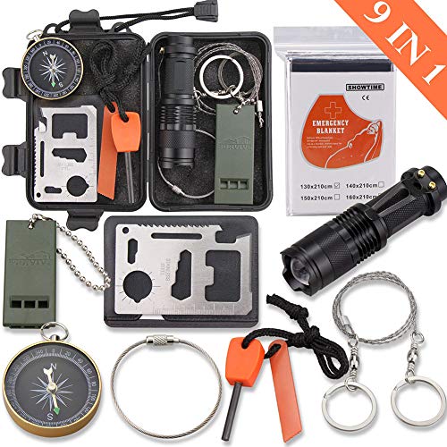 Emergency Survival Kit, Monoki 9-In-1 Compact Outdoor Survival Gear Kits Portable EDC Emergency