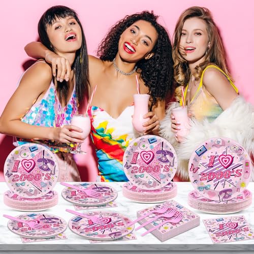 Image of Qyeahkj 100Pcs 2000s Y2K Pink Decorations Party Supplies 90s Plates Napkins Disposable 1990s Tableware Dinnerware Birthday for 90's Kids Bachelorette Favor