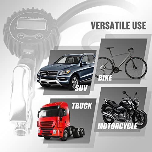 Image of DNA Motoring Digital Tire Inflator 2.5 inch Pressure Gauge, 200 PSI Air Chuck, Compressor Accessories Heavy Duty, w / 18in Rubber Tube & Quick Connect Coupler, TOOLS-00084