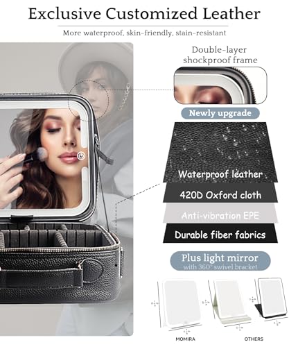 Image of MOMIRA Travel Makeup Bag Cosmetic Bag with Lighted Mirror, Adjustable Brightness in 3 Color Scenarios /Detachable makeup mirror, All-round Upgrade, Waterproof, Gift for Women -Black