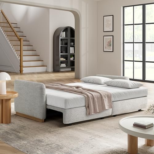 Image of Serta Vail 86 inch Convertible Sleeper Sofa, Queen Size, Wall-Hugging Dreamglide Mechanism, Dreamcoil Comfort, Boucle Fabric, Ivory