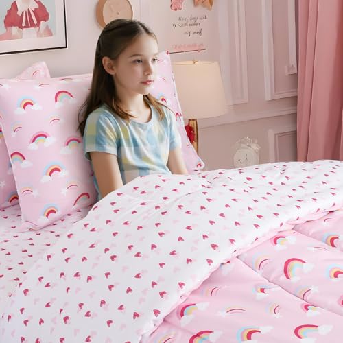 Image of david's kids 5 Piece Twin Comforter Set - Soft Breathable Bedding Twin Set for Girls, Includes Quilted Comforter, Flat Sheet, Fitted Sheet, Pillowcase and Pillowsham, Rainbow