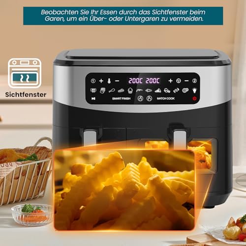 Gidgimo Heissluftfritteuse Doppelkammer, Max 230°C 10L xxl Air Fryer, 12-in-1 Programme Heißluftfritteuse 2 Kammern mit Touchscreen, Smart&Match Funktion, Gesunde Friteuse ohne Öl&fettarmes Kochen – Bild 4