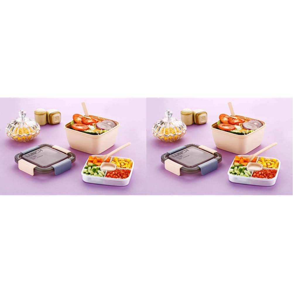 Clazkit Salad Lunch Box Container with Cutlery and Sauce Container with 5 Compartment Bento Style Tray Leak Proof Lunch Box for Food Snack Salad Home Office 1400ml-Cream (Pack of 2) (B0D816X928) Amazon Price History, Amazon Price Tracker