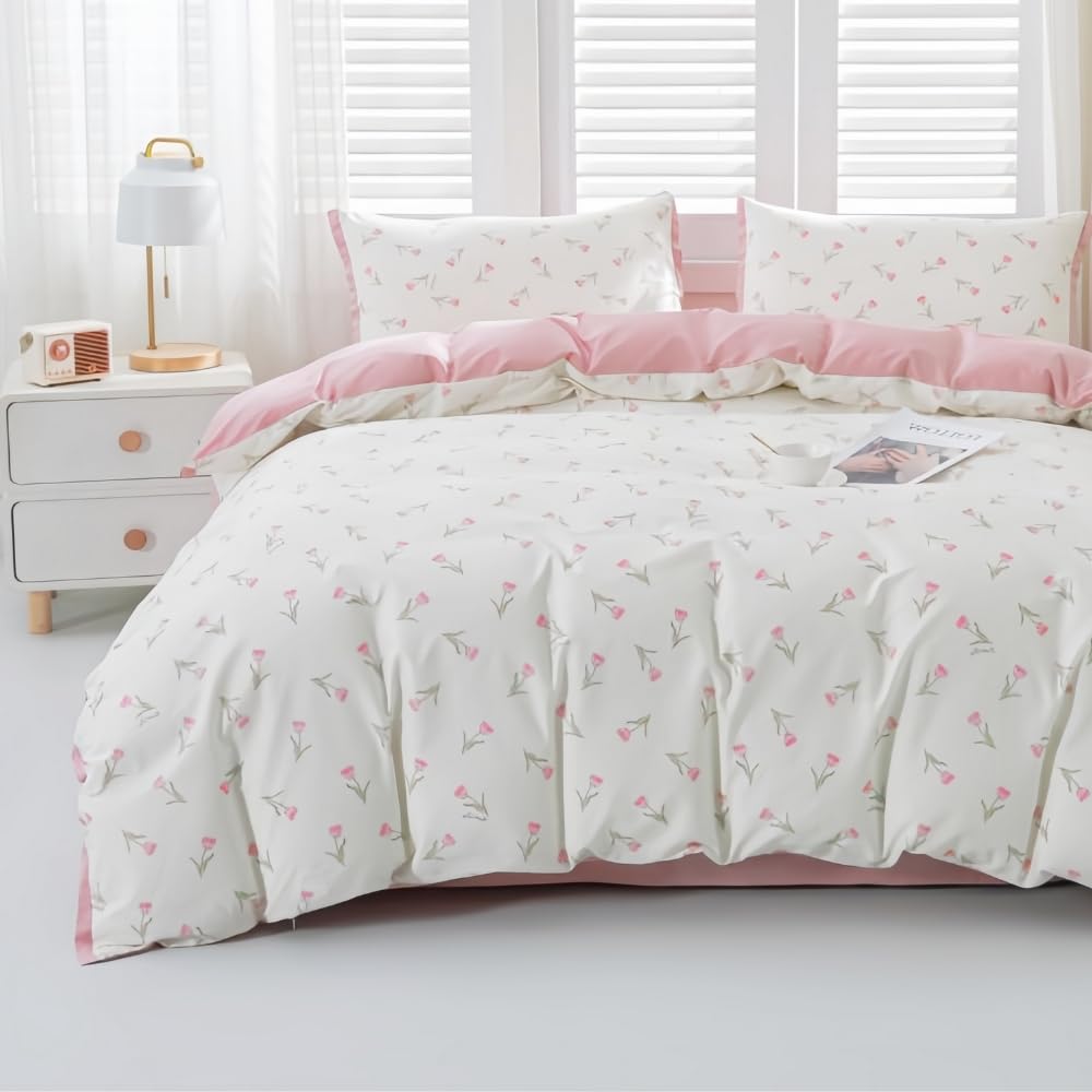 Nayoroom Bettwäsche 100% Baumwolle Blumen Kleine Blumenmuster Bettzeug Set Mädchen Blumenwiese Aesthetic Cute Pflanzenmuster Wendebettwäsche mit Reißverschluss und Blümchen Kissenbezüge