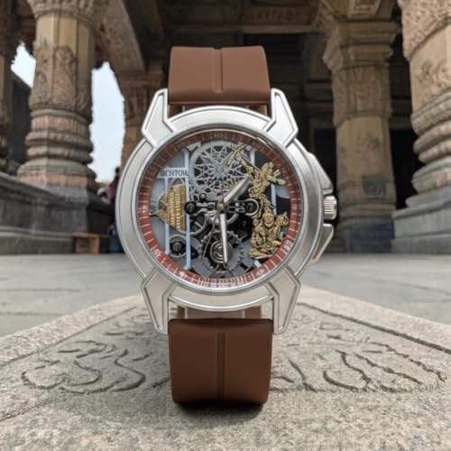 Image of Shree Ram Skeleton Watch, Ayodhya Mandir Theme, Mechanical Look Quartz, Stainless Steel Metal Bracelet, Round Dial with Deity Engraving for Man and Boyes