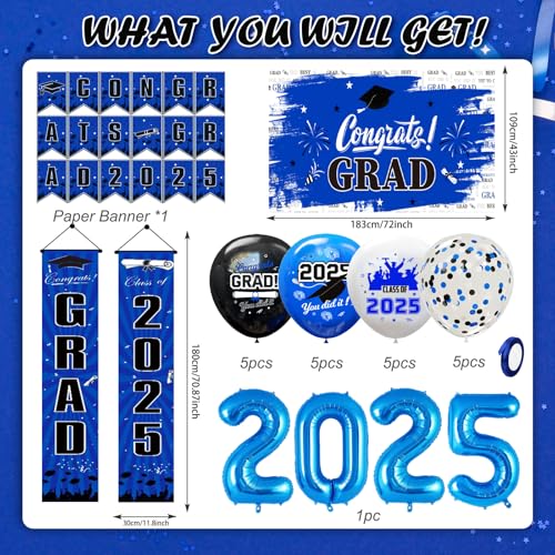 Image of Blue Graduation Decorations 2025, Grad Party Decorations, Class of 2025 Backdrop, Banner, Balloons and Porch Sign for High School & College Celebrations