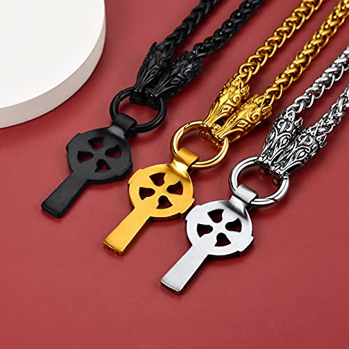 Faithheart Mens Celtic Knot Necklace Black Stainless Steel Punk Wolf Head Jewelry Chain Old-School Ireland Celtic Knot Cross Jewelry #TOP5