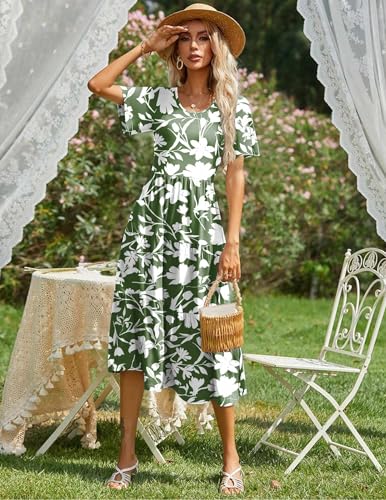 Image of Zeagoo Women's Summer Dress Midi Floral Flutter Short Sleeve Casual Dresses with Pockets Tiered Flowy Boho Beach Dress