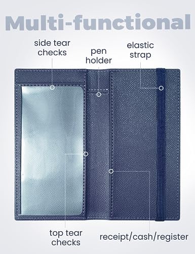 Image of Yarnic Checkbook Cover for Personal Checkbook, Checkbook Holder with Pen Holder & Built-in Clear Plastic Divider for Duplicate Checks (Midnight Blue)