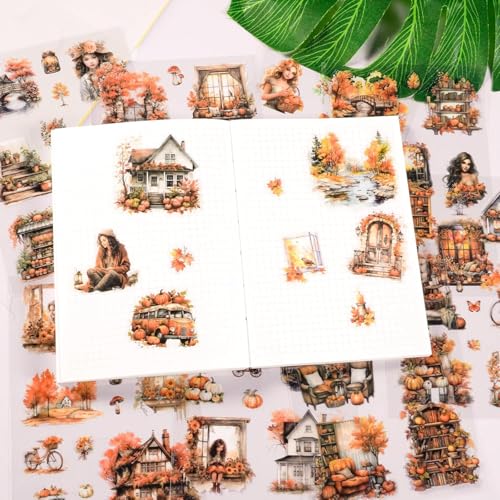 Image of Jaravik Seasons Theme Vintage Aesthetic Sticker Book - 20 Sheets Seasonal Scrapbook Stickers | | Cottagecore Planner & DIY Craft Supplies Scrapbooking Stickers (Autumn)