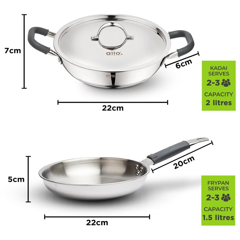 Image of Allo Stainless Steel Triply Cookware Set | Kadai with Lid (22 Cm /3 L)+ Fry Pan (22 Cm /1.5L) | Perfect Cooking Combo for Curry /Stir-Fry /Deep-Fry /DryVeg /SautA Induction Friendly Set of 3Pcs | Nonstick