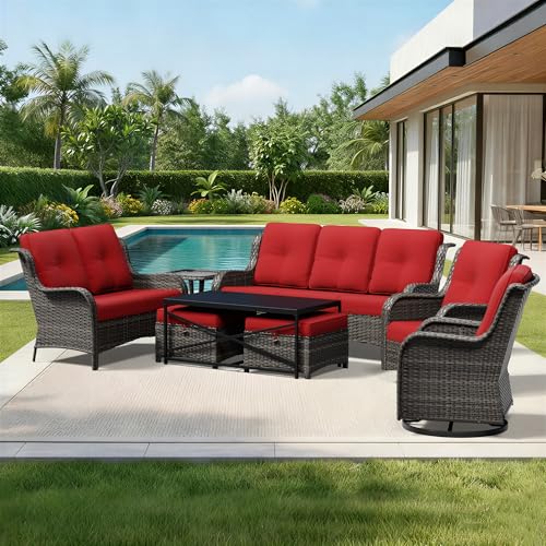 Image of Joyside 8 Piece Wicker Patio Furniture Set, Outdoor Swivel Rocker Patio Chairs with High Back, Deep Seating, Wide Armrest, Thickened Cushions, Outdoor Furniture for Deck, Porch Use