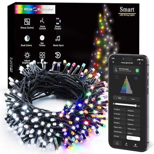 Image of Brizled Smart Christmas Lights, 66FT 200 LED Color Changing Christmas String Lights App & Voice Control, Dimmable Cool White & Multicolor Xmas Tree Lights Music Sync for Indoor Outdoor Wedding Party