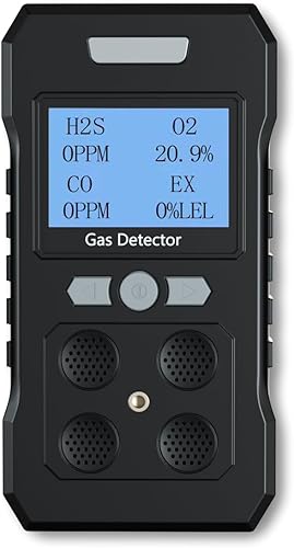 Gas Detector, Portable 4 Gas Monitor with Audible & Visual AlarmH2S,O2,CO and EX Rechargeable Gas Sniffer Alarm with LCD Display (Black)