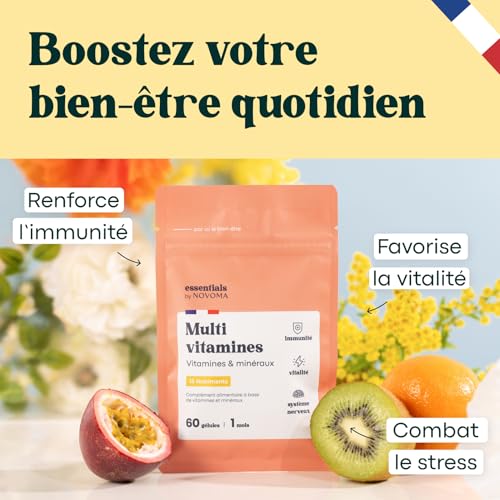 Multivitamines et Minéraux, 15 Nutriments Essentiels, Vitamines A B C D E + Magnésium & Zinc, Immunité & Énergie, 60 gélules Vegan, Cure de 1 mois, Fabriqué en France, Essentials by Novoma – Image 3