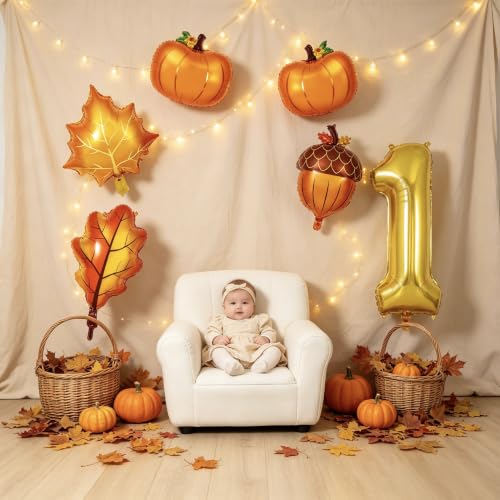 Image of 6 Pcs Fall 1st Birthday Balloons, Pumpkin Maple Leaf Acorn Foil Balloons