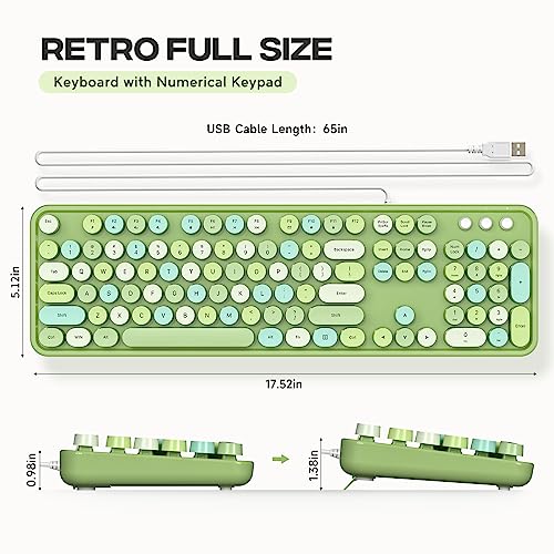Image of Atelus Computer Keyboard Wired, Typewriter Style, Plug Play USB Keyboard with Large Number Pad, Caps Indicators, Foldable Stands, Full Size Wired Keyboard for Windows PC Laptop (Green Colorful)