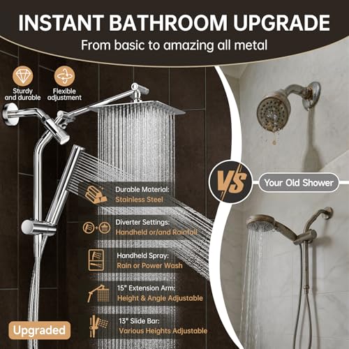 Image of Veken All Metal Shower Head with Handheld, Luxurious Square Spa-like Double Rain Shower Heads,Power Wash Wand,Dual High Pressure Detachable 8 inch Small Rainfall Showerhead with Spray Combo,Chrome,Sliver