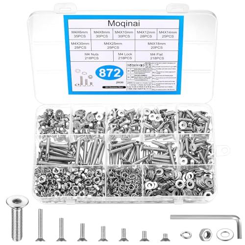 Moqinai 872 Stück M4 Schrauben Set Edelstahl Senkkopfschrauben Muttern Sets Edelstahl Sechskantschrauben und Muttern Sets Metrisch Innensechskantschrauben Set und Unterlegscheiben Kit
