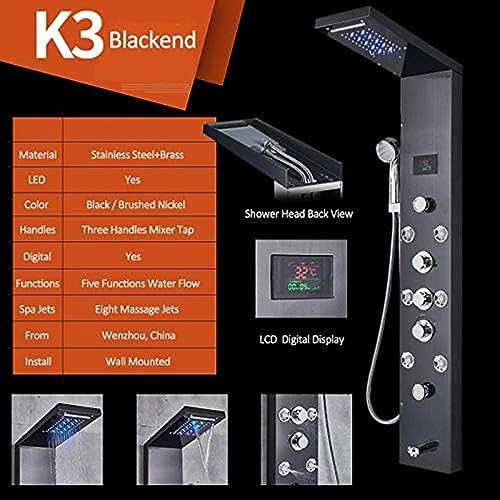 Columna de ducha LED con panel LCD, hidroeléctrica, cascada y tres mandos, color negro miniatura 2