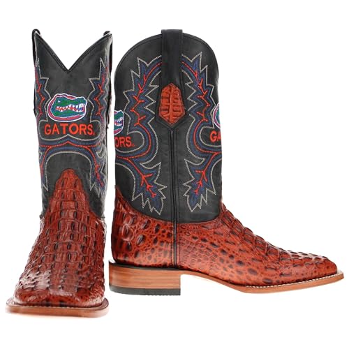 Vaccari Men's Jackson Genuine Hornback Alligator Print Leather & NCAA League Embroidery Broad Square Toe Cowboy Boots2