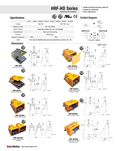 HRF-HD5NX, Foot Switch, Momentary, 2 Pedals, Aluminum Die-Casting Housing, Full Foot Guard, Yellow, IP54, 1NO 1NC x 2, 15A 250VAC