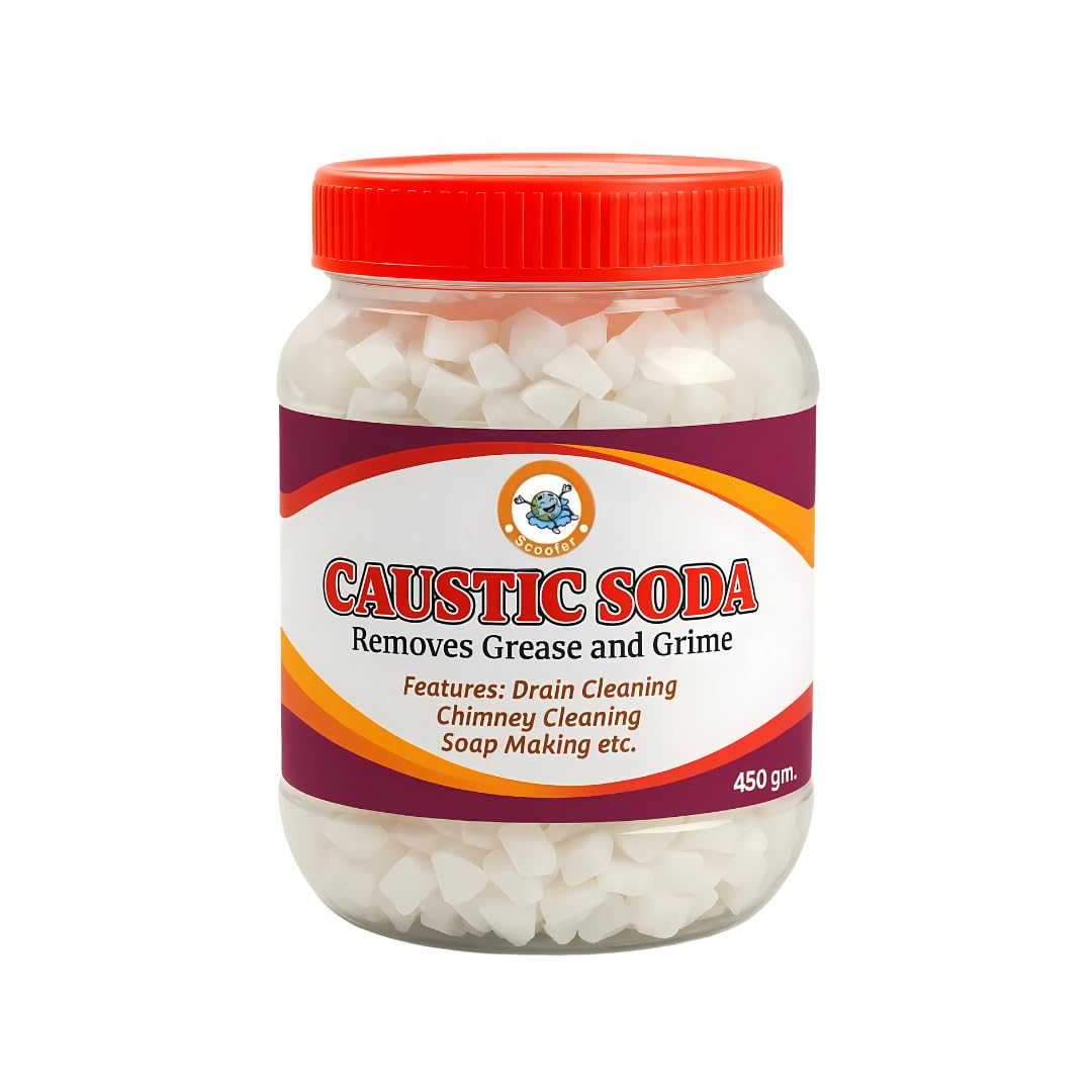 Scoofer Caustic Soda for Soap Making, Drain Cleaning, Chimney Cleaning– Fast-Acting Formula to Clear Blockages Instantly - 450 Grams