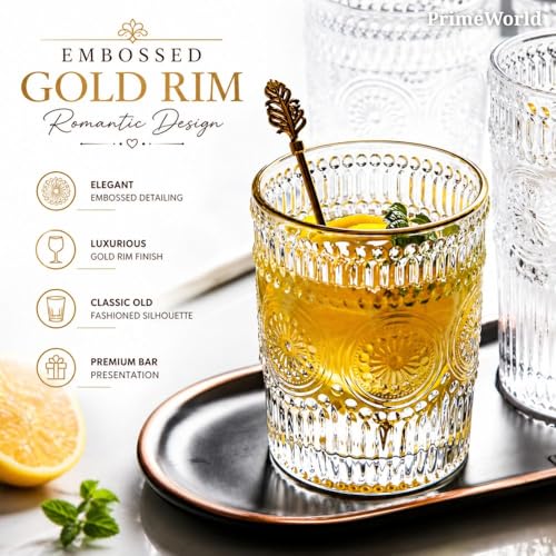 Image of PrimeWorld Embossed Gold Rim Romantic European Crystal Whiskey Glasses Set of 6 pcs- 300 ml Bar Glass for Drinking Bourbon, Whisky, Scotch, Cocktails, Cognac- Old Fashioned Cocktail Tumblers