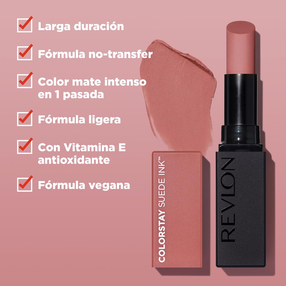 REVLON ColorStay Suede Ink, Barra de Labios Mate de Larga Duración con Fórmula No-Transfer, Enriquecido con Vitamina E, Hasta 8H de Cobertura Total, Tono 001 Gut Instinct 2,55g