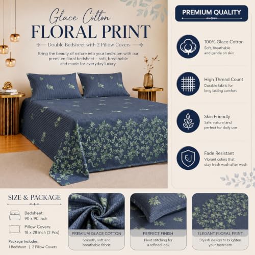 Image of IVAZA Turkish Cotton 280 TC Super Soft Warm Bedsheet Set for Double Size Bed, Durable Double bedsheet with 2 Pillow Cover Mid Night Blue