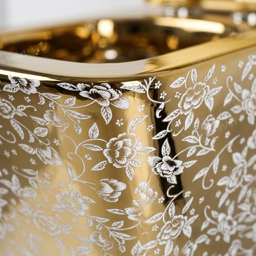 Image of InArt Ceramic Commode Wall Mount /Wall Hung Western Toilet /Water Closet /EWC /WC /European Commode for Bathrooms P Trap Outlet is from Wall with Soft Close Seat Cover Square (Gold Leaf Pattern)